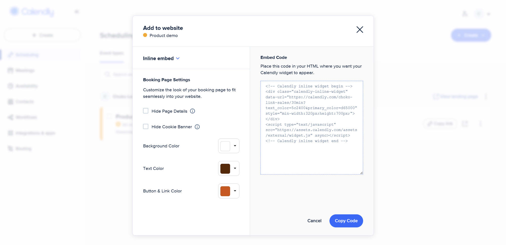Вікно налаштувань Calendly Inline Embed — персоналізація віджета бронювання для Choko.Link