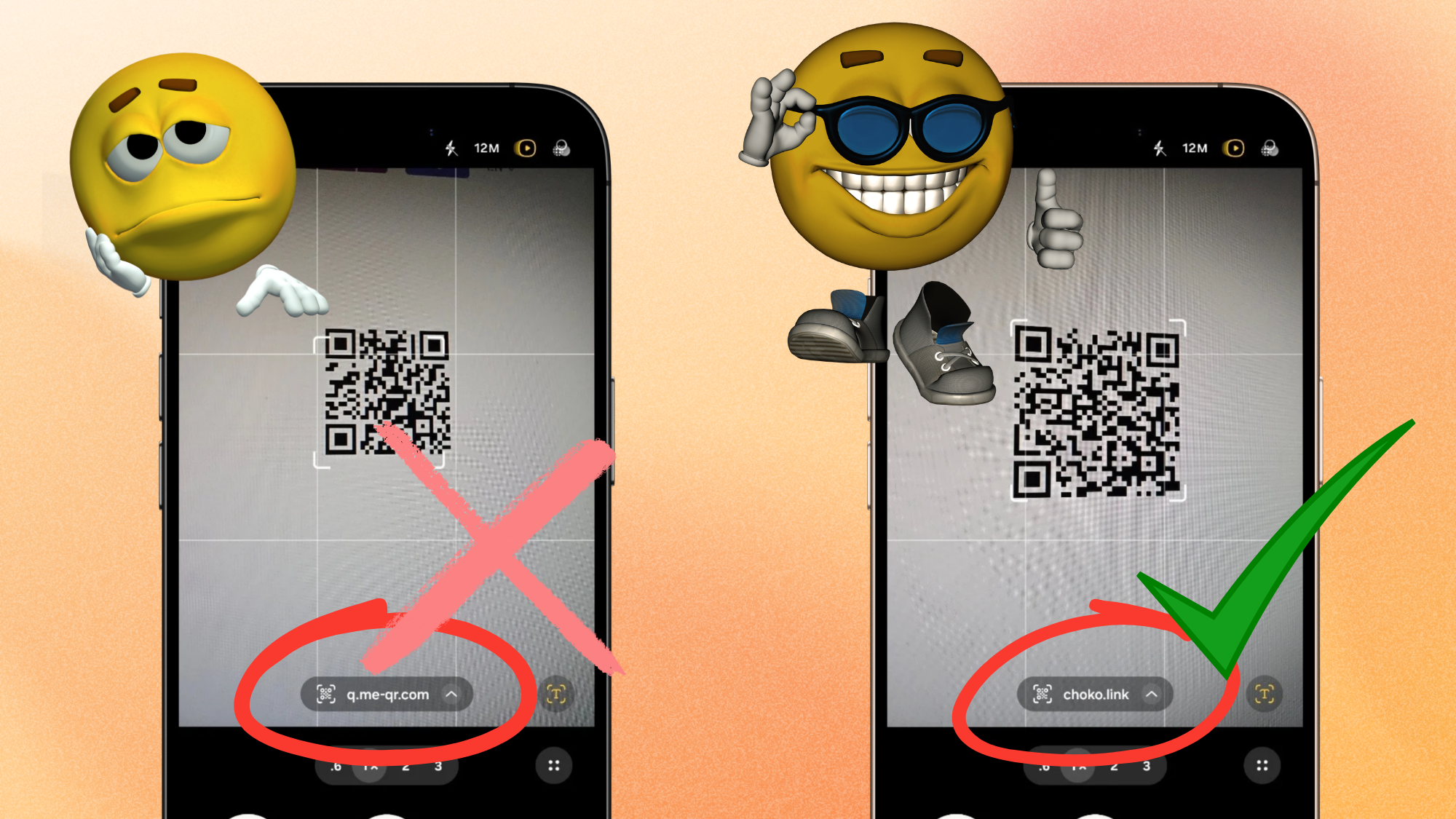 Порівняння двох QR-кодів у сканері камери: динамічний показує сторонній редирект, статичний — прямий URL